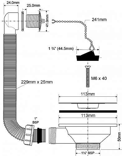 Выпуск для мойки 1 1/2 " D113 мм  круглое отверстие, перелив с пробкой Mc ALPINE OF2-113