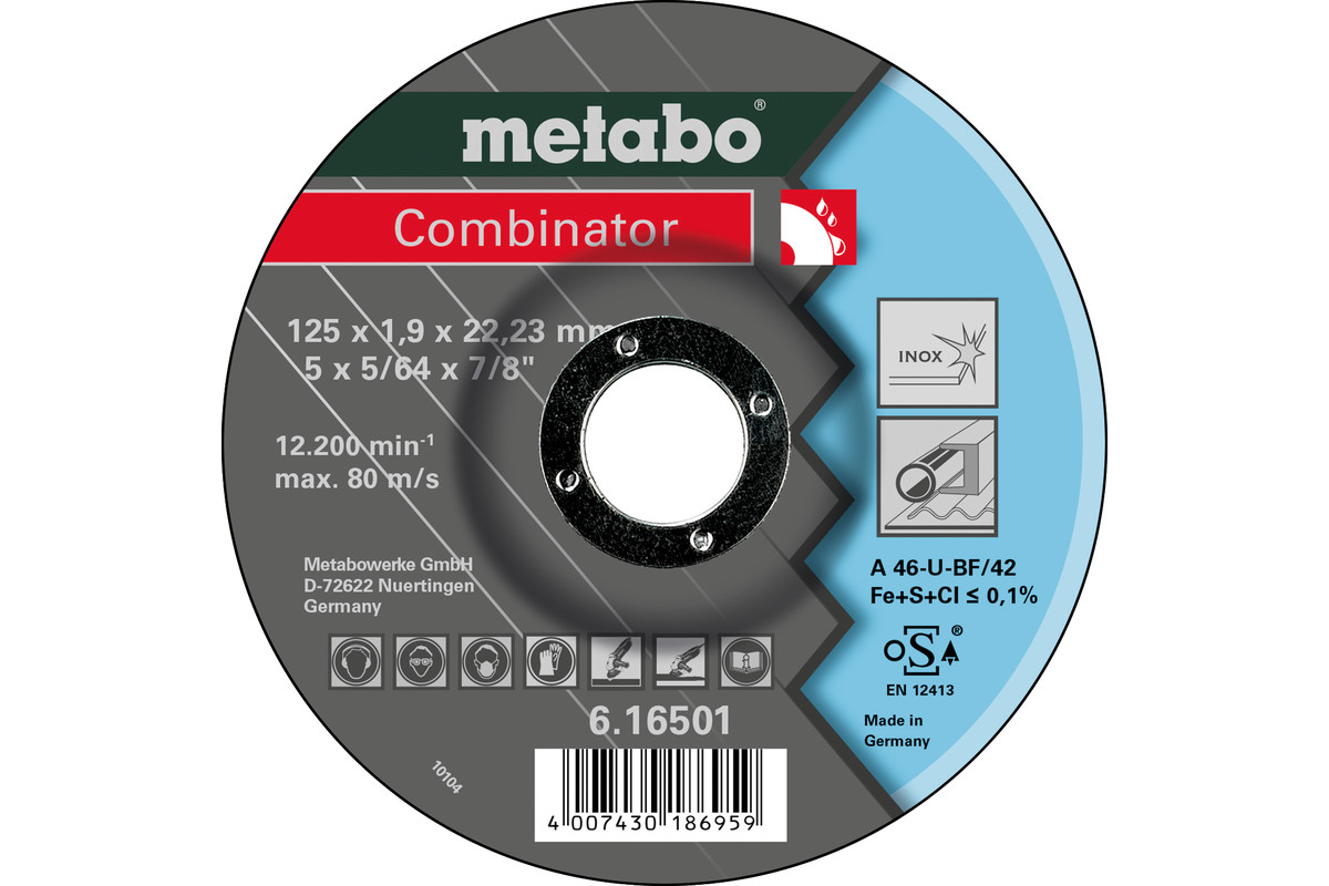 Круг отрезной по металлу/шлифовальный ф125х1,9х22 для нержавейки Combinator 1/25 Metabo 616501000