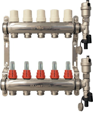 Коллектор Valtec 8 выходов х 1х 3/4 EUROKONUS из нержавеющей стали с расходомерами VTc.589.EMNX.0608