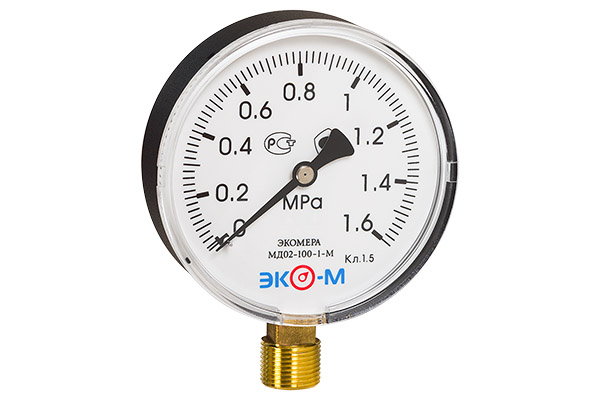 Манометр ЭКОМЕРА МД02(Э)-100мм 0-1,6 МПа 1/2" МД02Э-100-G-1,6МПа