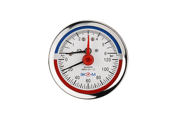 Термоманометр ЭКОМЕРА МД04-63мм 0-6бар 0-120С осевой МД04-63-G-6-120-ОИ