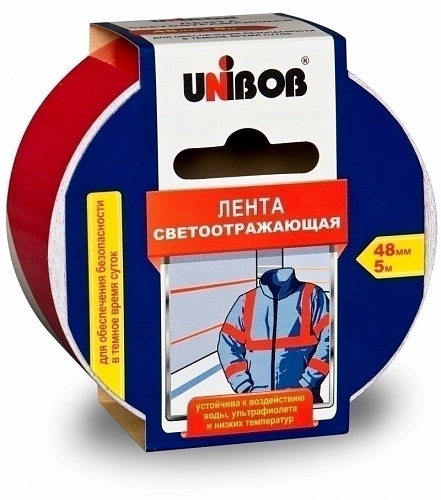 Лента клейкая светоотражающая 48мм x 5м красно-белая UNIBOB 48984 Лента клейкая светоотражающая 48мм x 5м красно-белая UNIBOB 48984