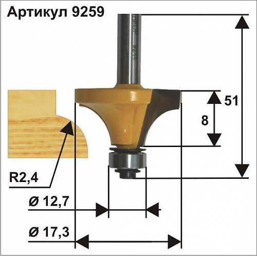 Кромочная калевочная фреза 17 x 8 мм R2,4 мм хвостовик 8 мм Энкор 9259