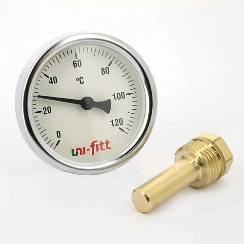Термометр UNI-FITT погружной аксиальный 120С, диаметр 63 мм, гильза 50 мм, 1/2"H (321P4232)