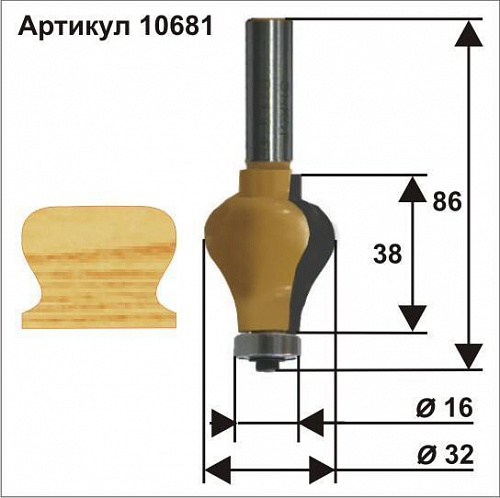 Фреза кромочная фигурная ф32 x 38 мм хвостовик 12 мм Энкор 10681