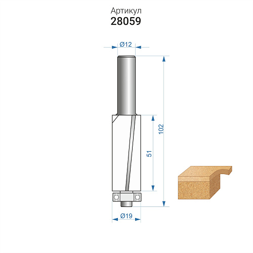 Фреза кромочная прямая по ДСП "Эксперт" ф19 x 50,8 мм хвостовик 12 мм Энкор 28059