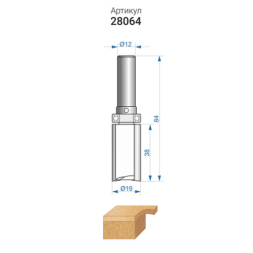 Фреза кромочная прямая по ДСП "Эксперт" 19 x 38 мм хвостовик 12 мм Энкор 28064
