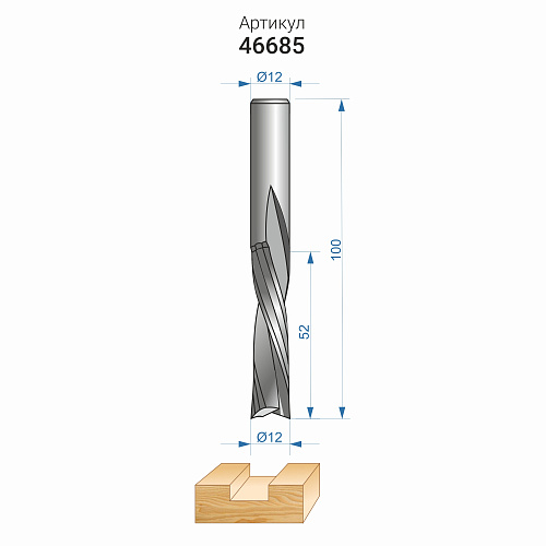 Фреза спиральная твердосплавная Энкор Z2 нижний рез ф12х52 мм хв.12 46685